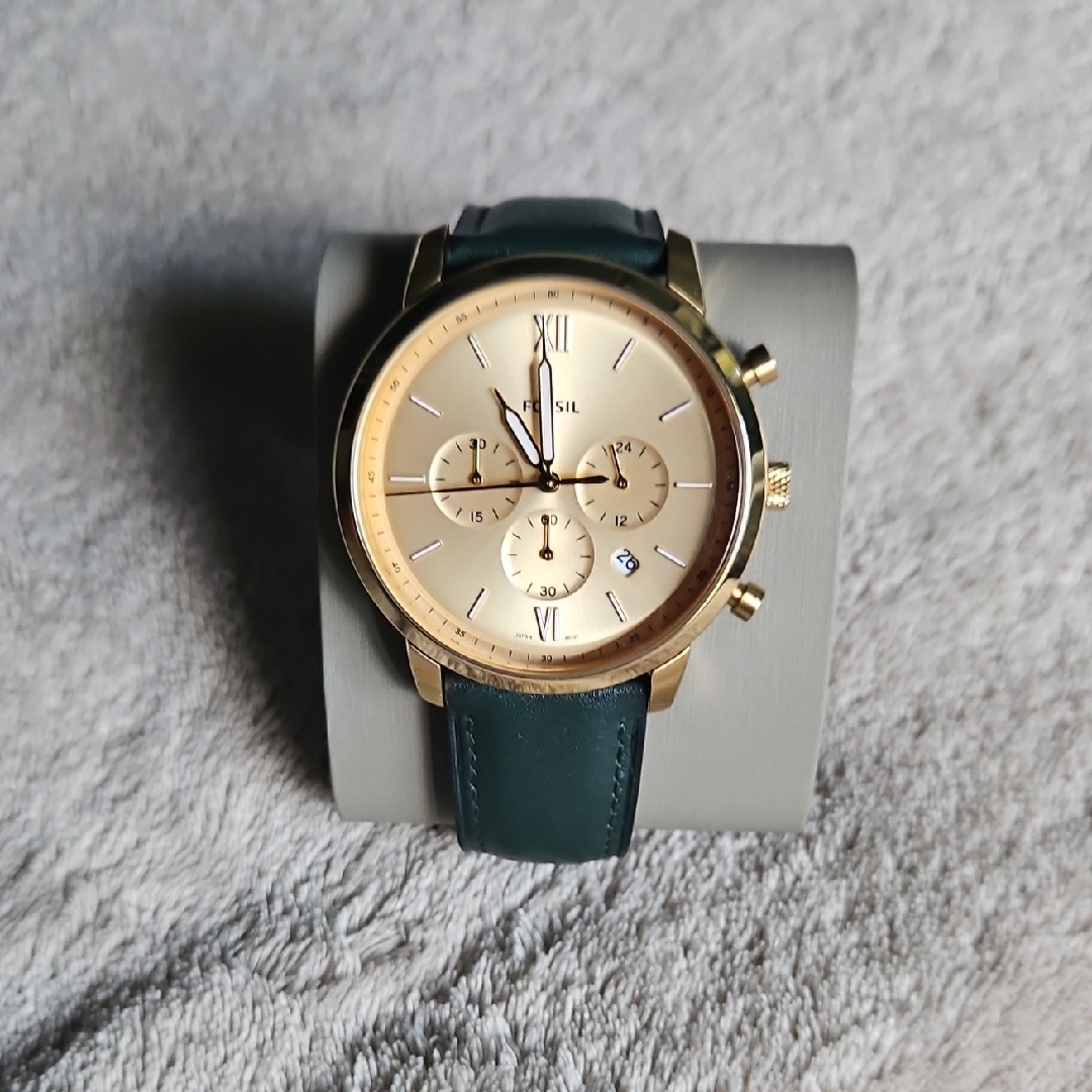 Fossil Gold Watch With Dark Green Leather Band